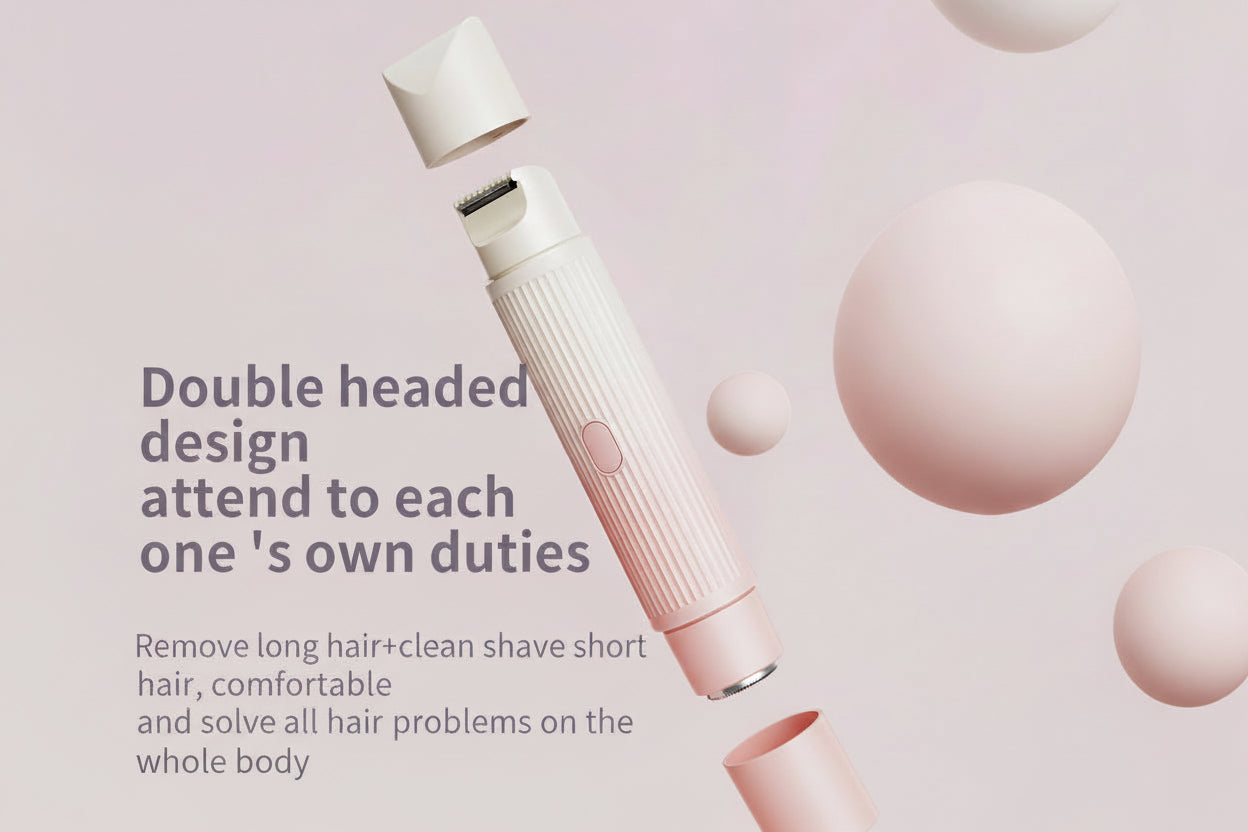 Double-headed hair removal device on a light pink background with text describing its features.