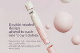 Double-headed hair removal device on a light pink background with text describing its features.